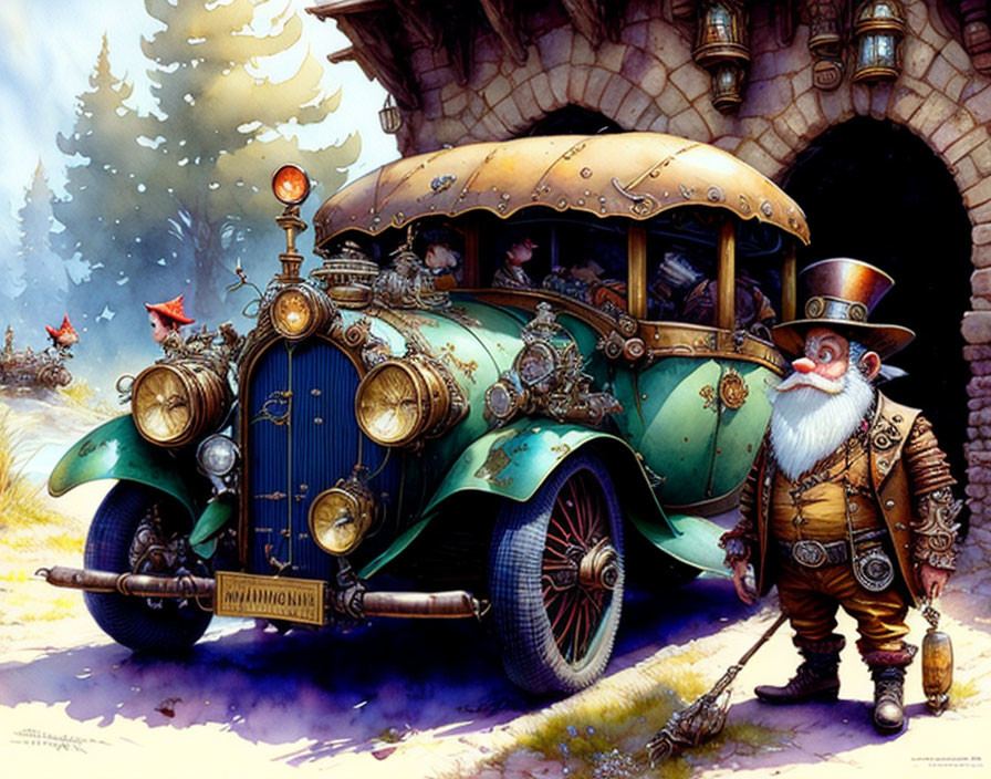 Fantasy character in steampunk outfit with vintage car in snowy forest.