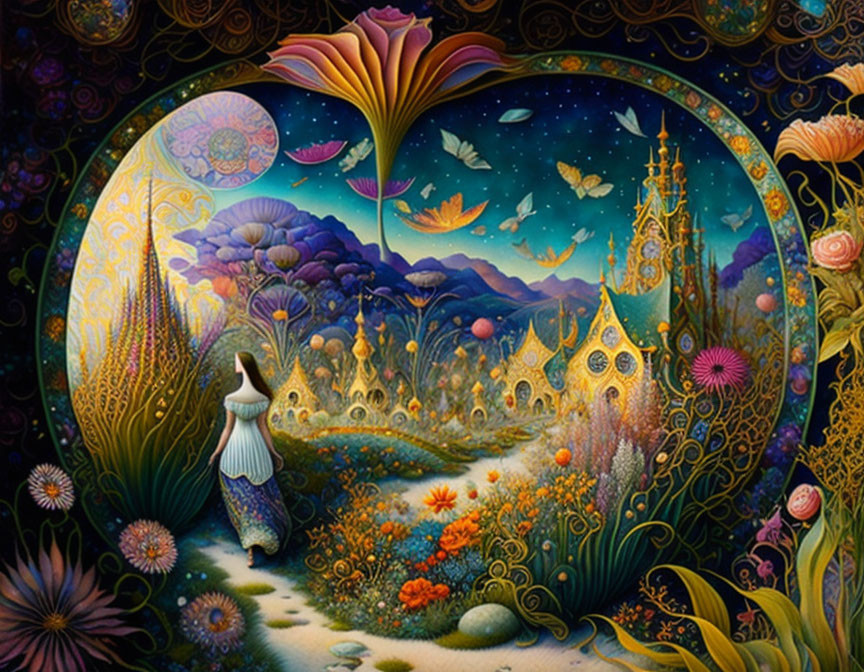 Surreal painting of woman entering heart-shaped portal into fantastical landscape