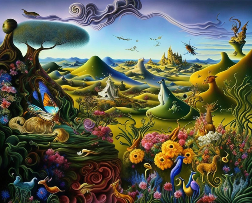 Colorful surreal landscape with whimsical hills, diverse flora and fauna, and fantastical elements