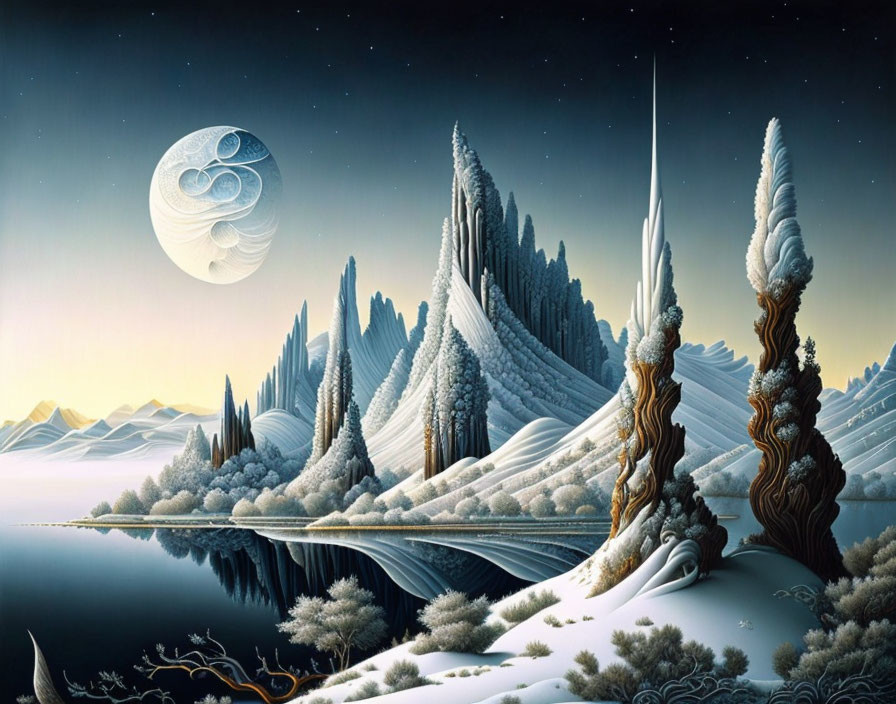 Surreal landscape with needle-like rock formations and moonlit lake