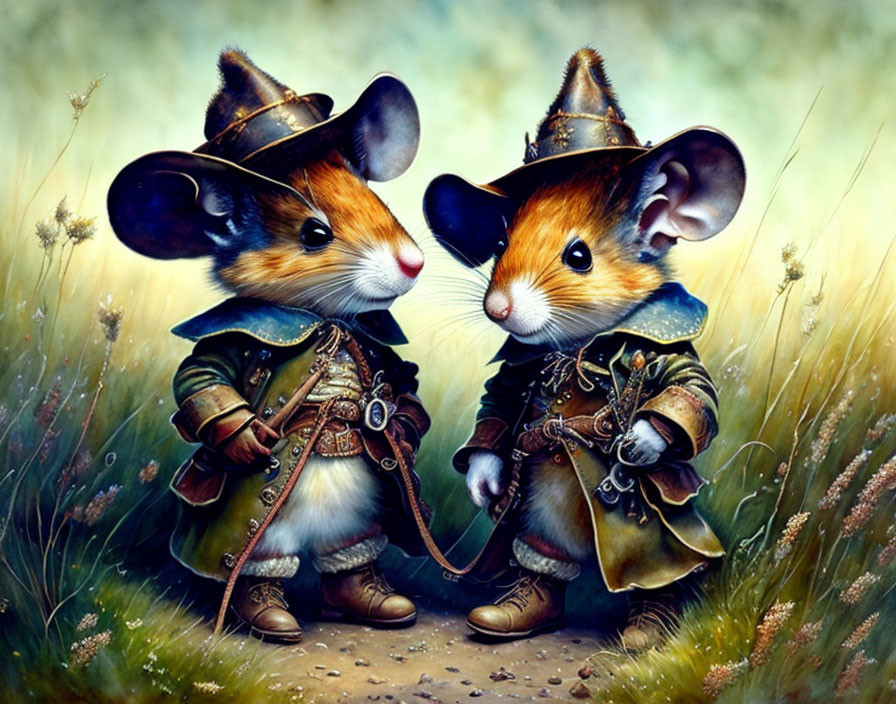 Anthropomorphic mice in renaissance attire connected by a rope