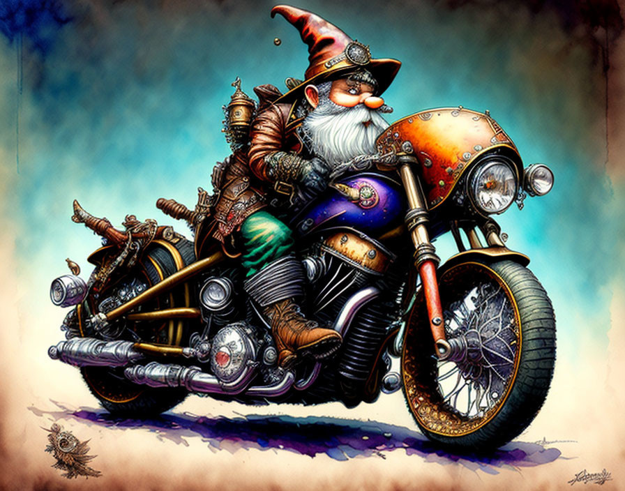 Fantasy biker Santa Claus on vintage motorcycle with gifts and toy reindeer