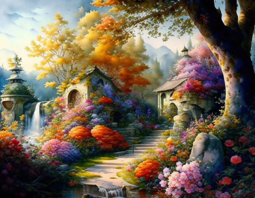 Vibrant flowers, waterfall, pavilions in autumn landscape