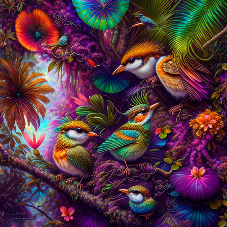 Colorful stylized birds in vibrant digital forest scene