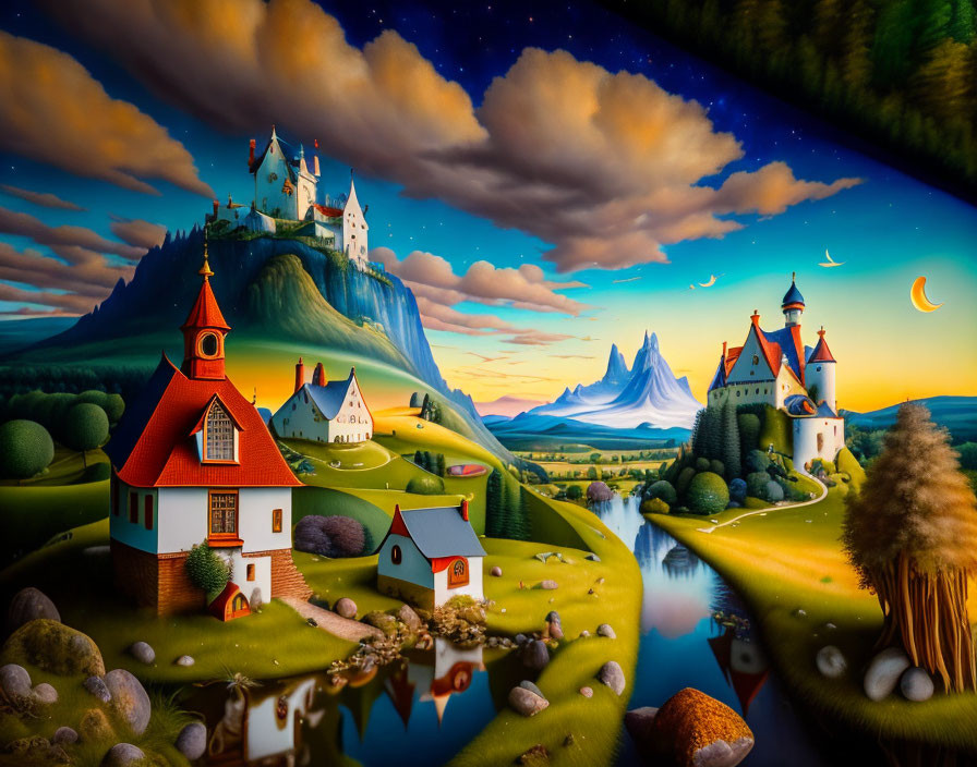 Whimsical castle landscape with river, houses, and vibrant sky