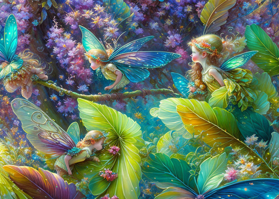 Colorful Fantasy Illustration: Two Fairies with Butterfly Wings in Vibrant Flora