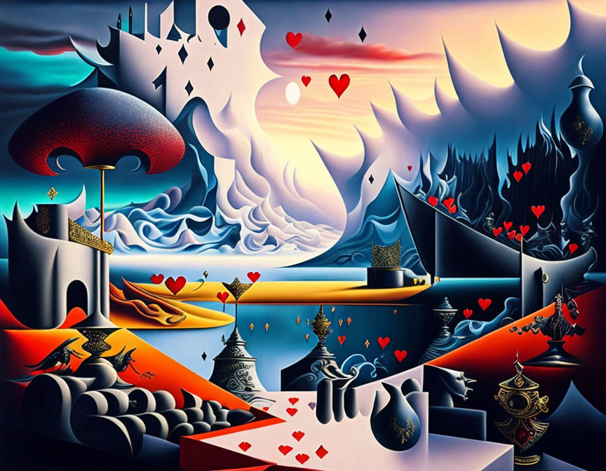 Colorful surreal landscape with castles, playing card motifs, and vibrant elements