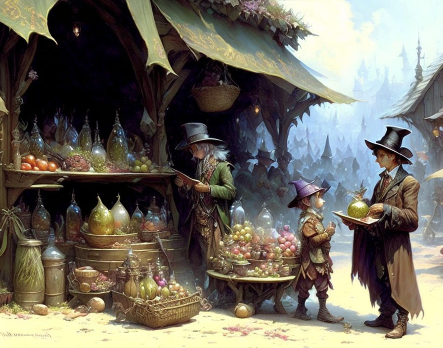 Medieval fantasy marketplace with period attire and unique goods amid a forest.