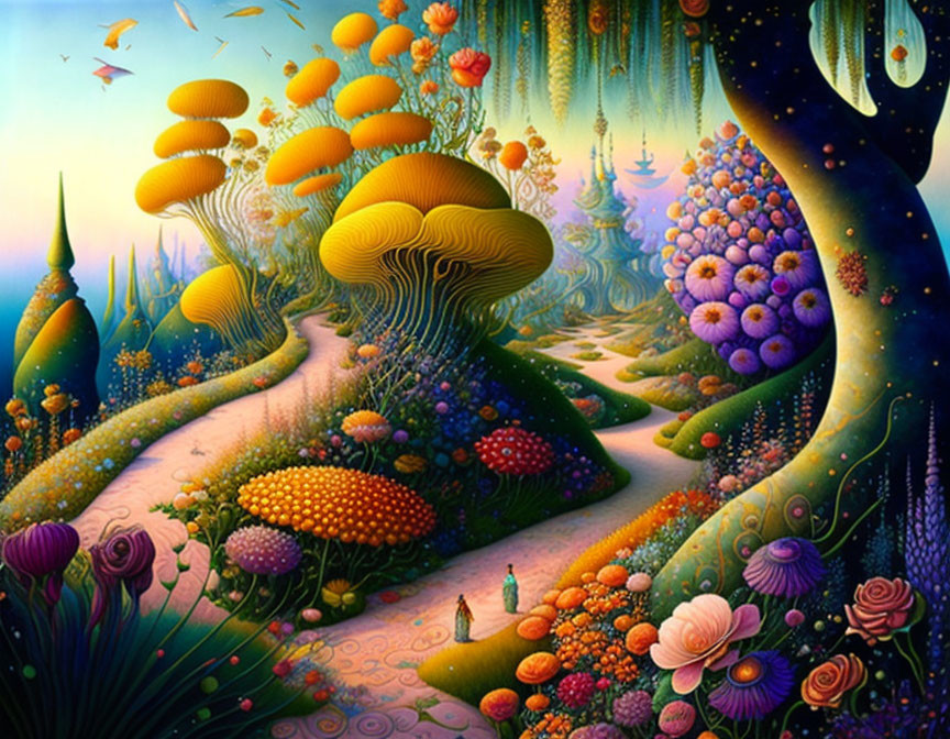 Colorful, oversized mushrooms in whimsical landscape