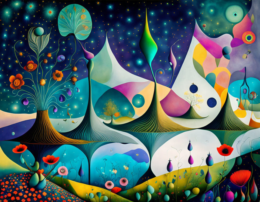 Colorful Abstract Landscape with Trees, Flowers, and Creatures