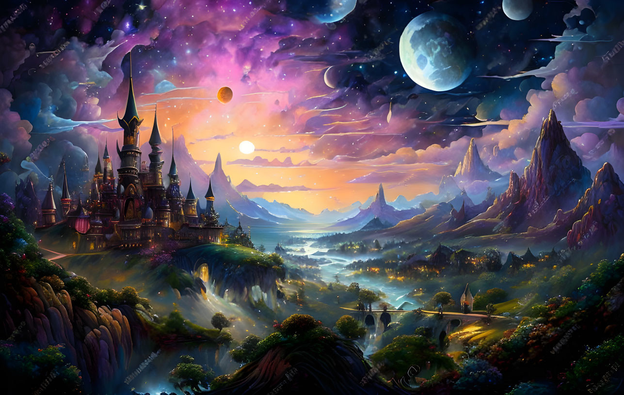 Mystical fantasy landscape with castle, mountains, river, stars, moons, and nebulae