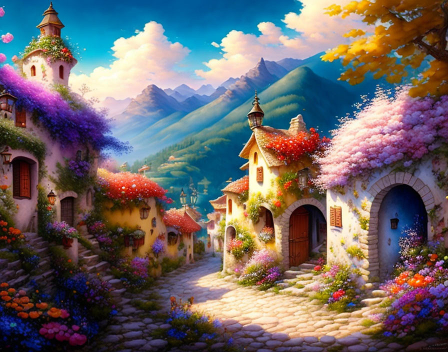 Colorful Village with Cobblestone Paths, Flower-Adorned Houses, Mountainous Scenery