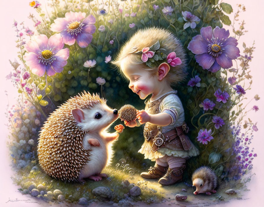 Smiling child and hedgehog in flower garden illustration