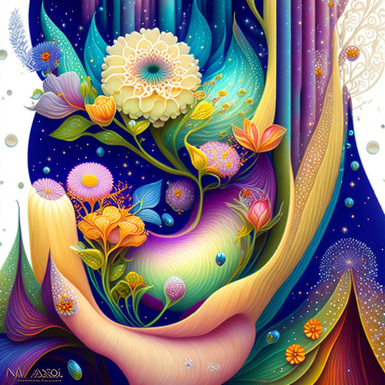 Colorful Nature Art: Flora, Swirling Forms & Starry Elements