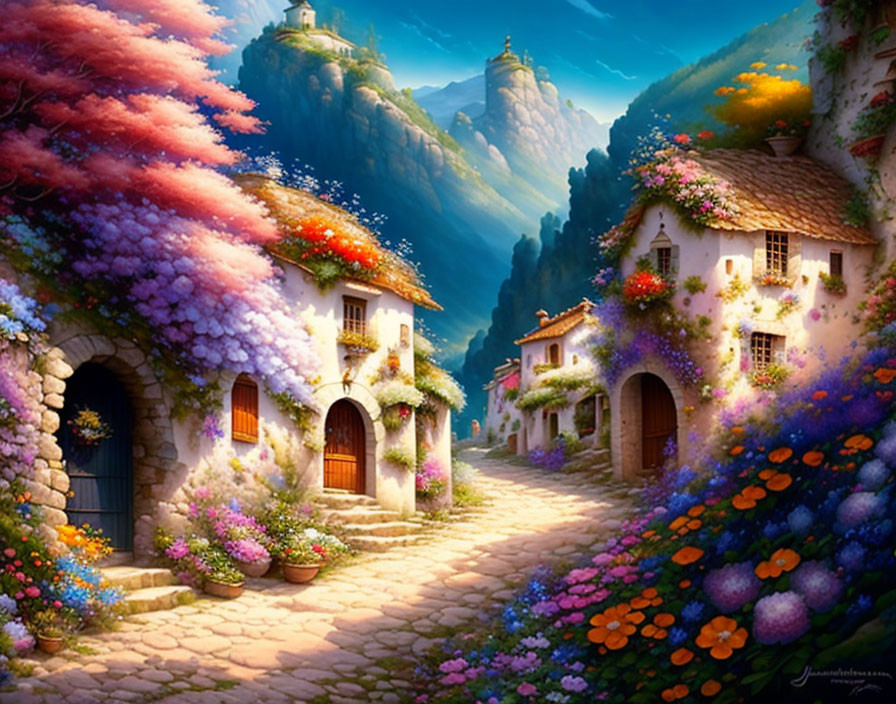 Colorful fantasy village with stone houses, blooming flowers, and mountain castle.