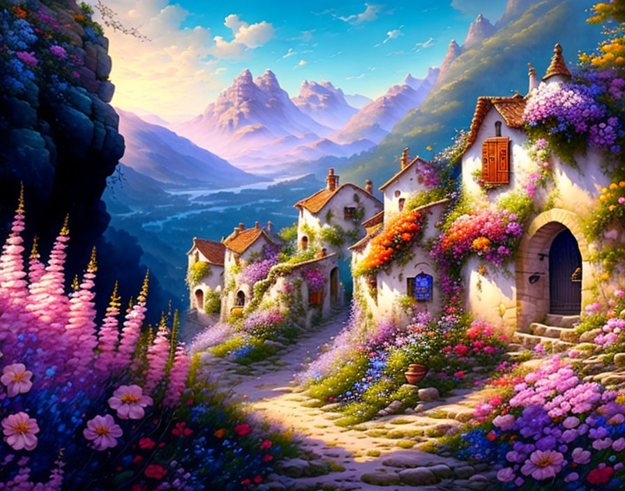 Colorful Flower-Adorned Fantasy Village in Lush Valley