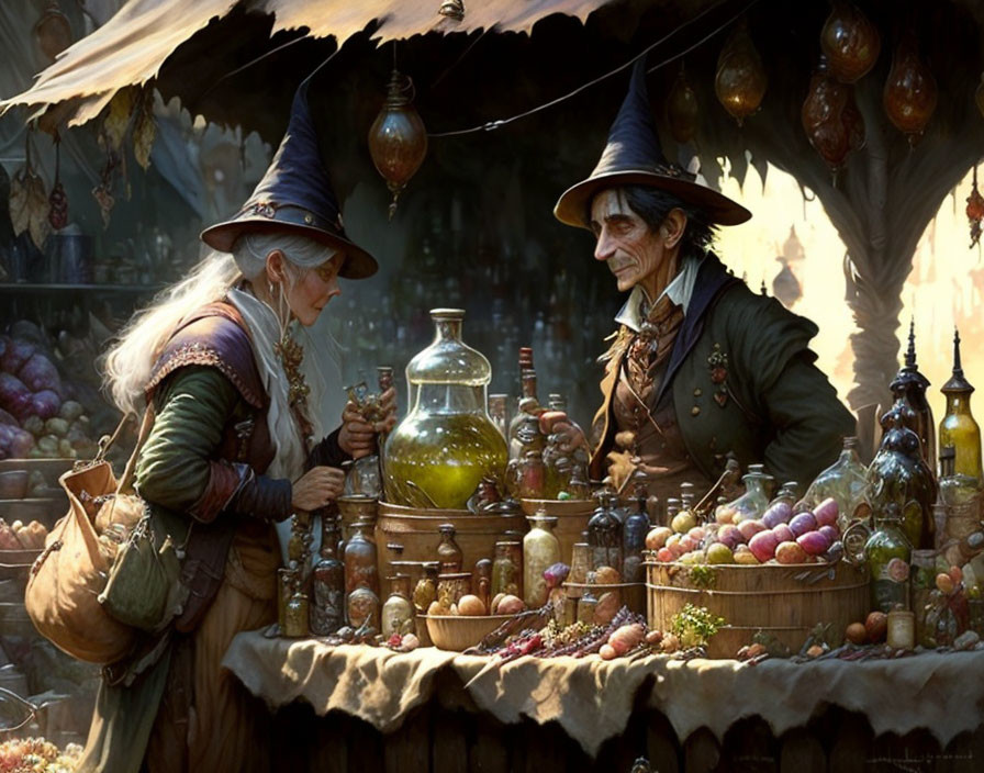 Fantasy characters in wizard attire at colorful market stall