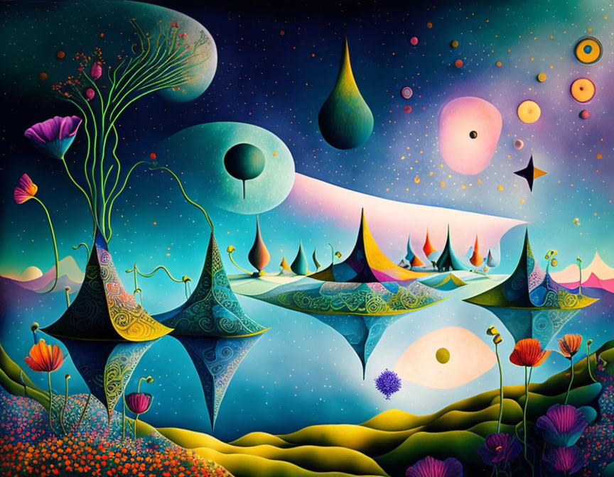 Colorful whimsical landscape with stylized hills and celestial bodies