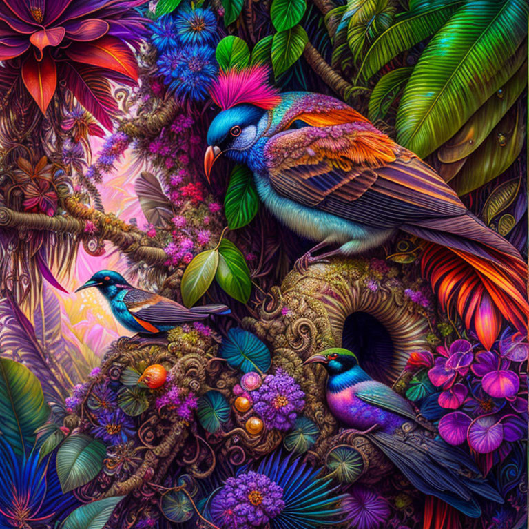 Colorful Digital Art of Exotic Birds in Tropical Setting