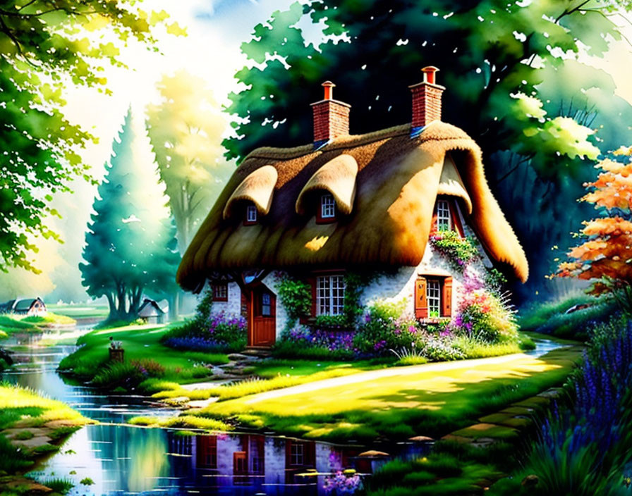 Illustration of Thatched-Roof Cottage by Serene River