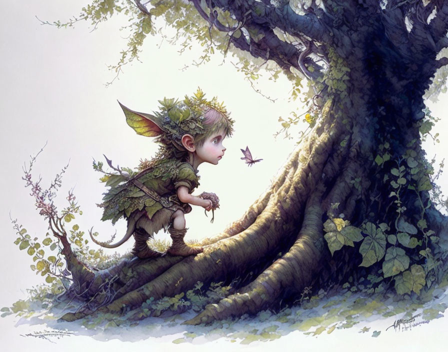 Whimsical small fairy with leafy wings and green outfit by a tree observing a purple butterfly