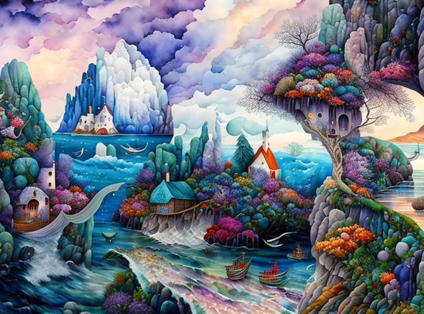 Colorful, whimsical landscape with fantastical trees and houses nestled among rolling hills