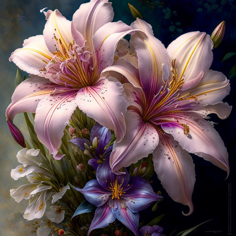 Vibrant pink and white lilies with golden stamens on dark backdrop