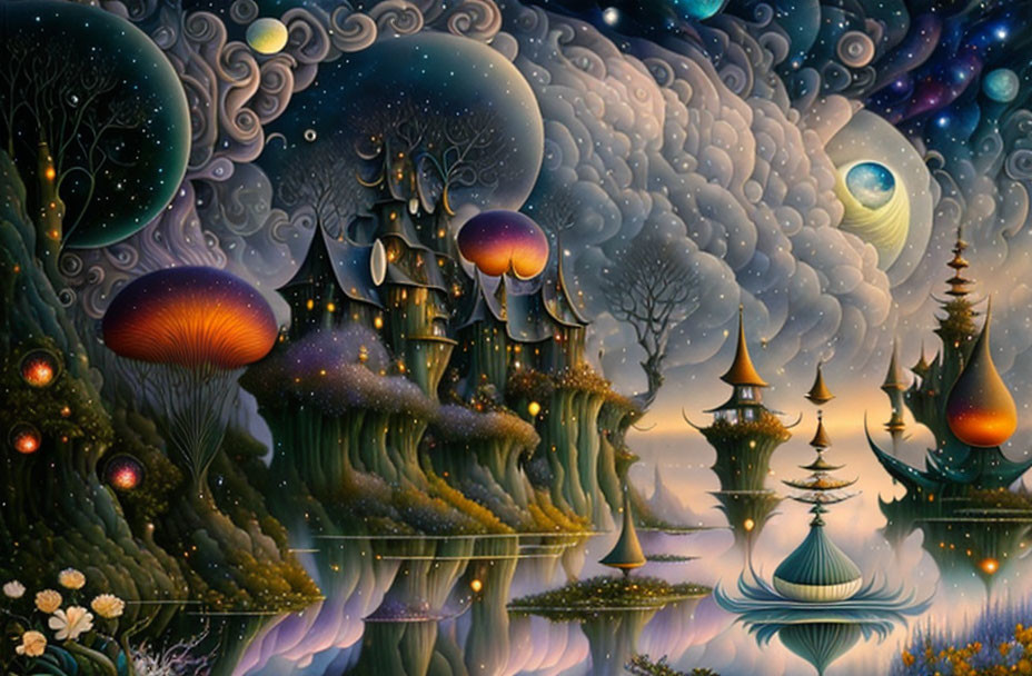 Fantastical landscape with mushroom structures, whimsical towers, celestial bodies, and tranquil lake.