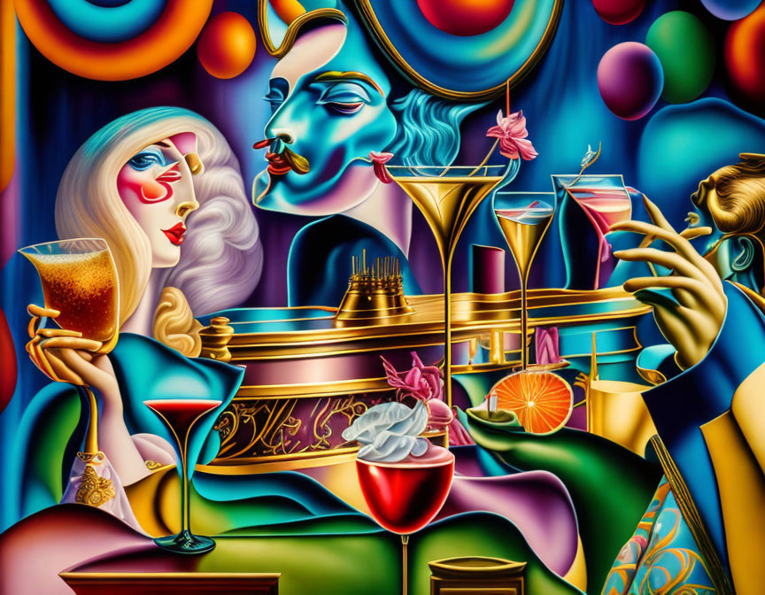 Colorful Surrealist Painting with Stylized Figures and Dreamlike Scenery