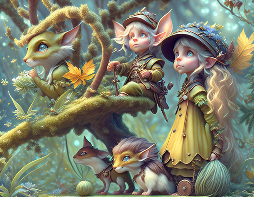 Whimsical elfin creatures with fox-like companions in magical forest