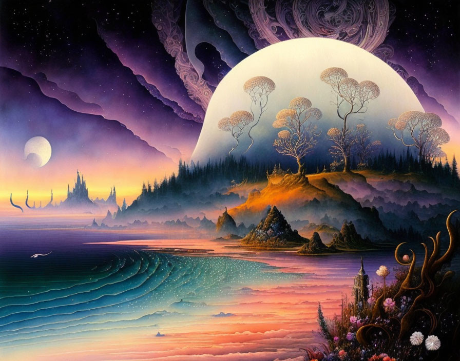 Colorful surreal landscape with large moon, mirrored water, whimsical trees, dolphin, rolling hills,