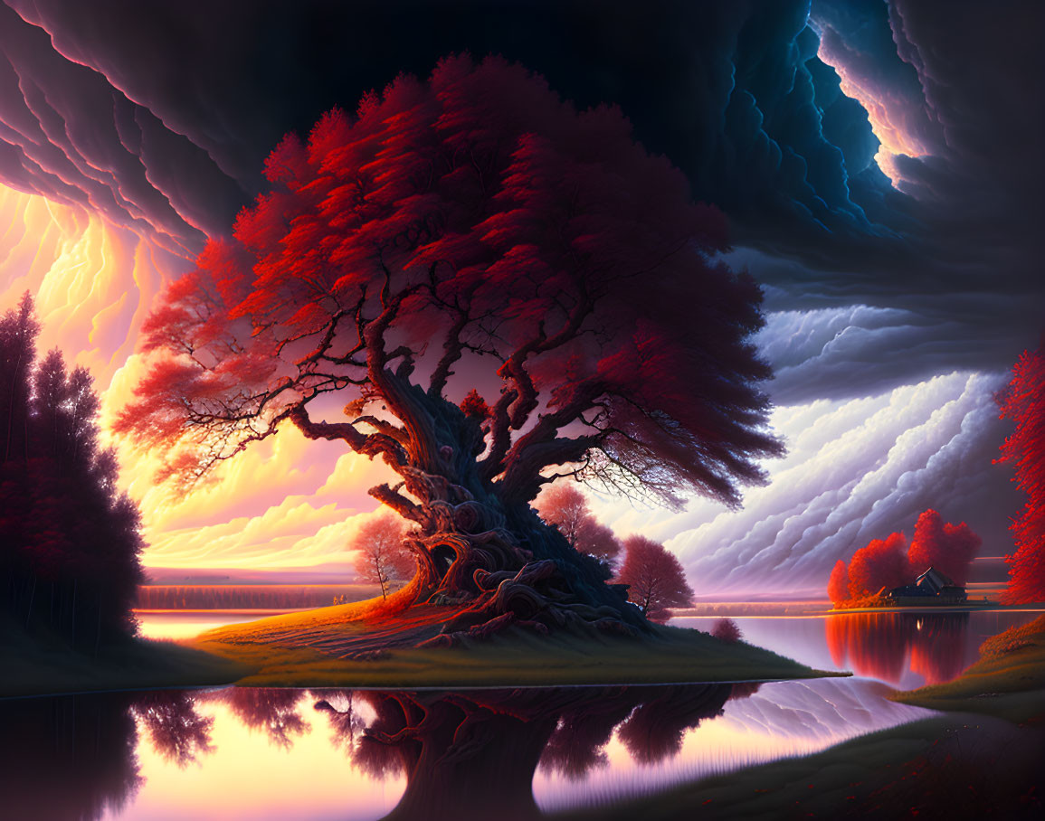 Majestic tree with sprawling branches in surreal red light by calm lake