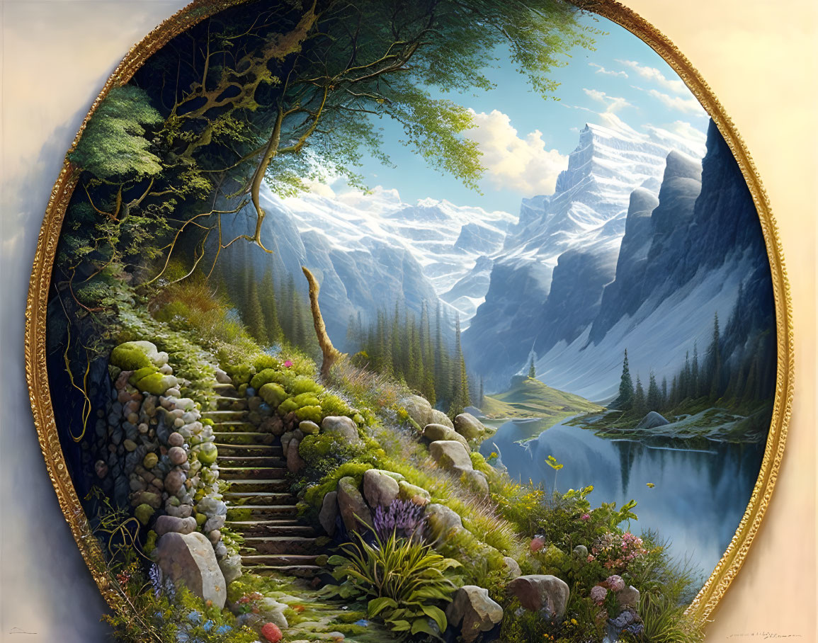 Oval-framed painting of serene landscape with steps, lake, mountains, and greenery