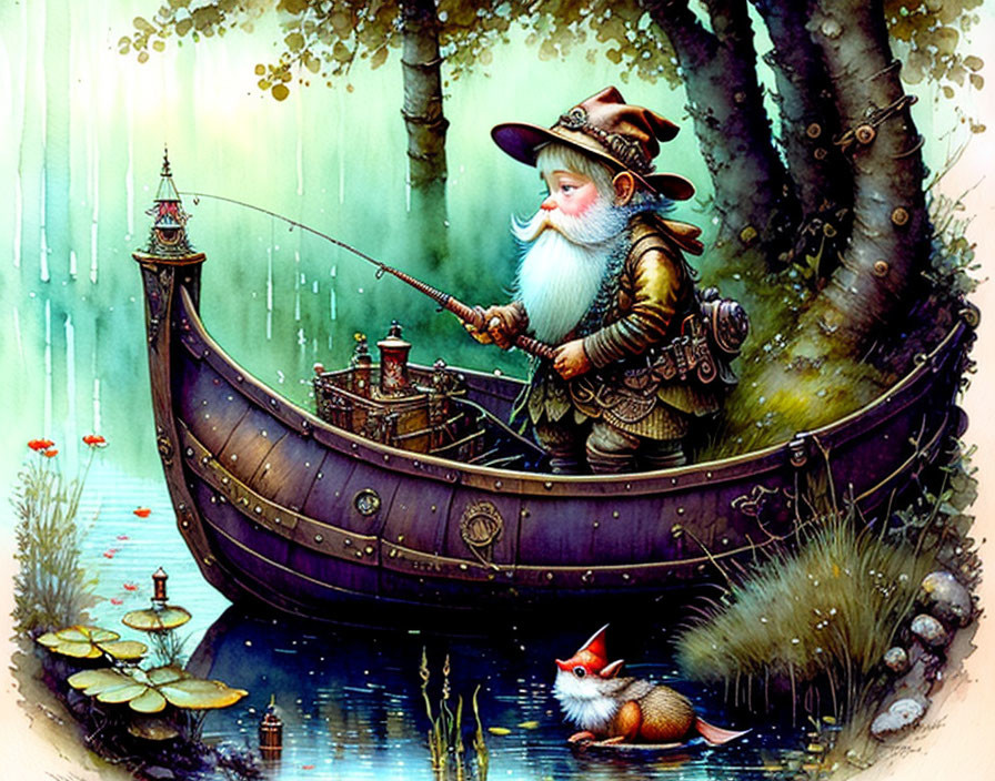 Whimsical bearded gnome fishing with red fox in fantasy forest