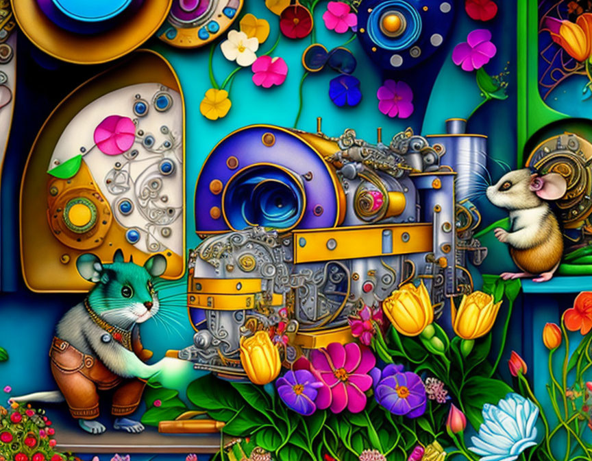 Colorful Mouse Operating Mechanical Contraption Among Flowers