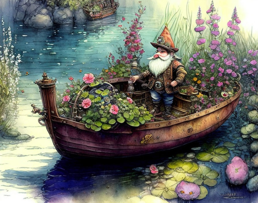 Illustration of gnome in flower-filled boat on serene pond