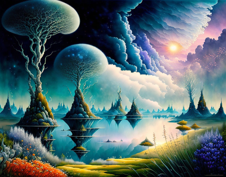 Colorful Floating Islands and Ethereal Trees in Fantasy Landscape