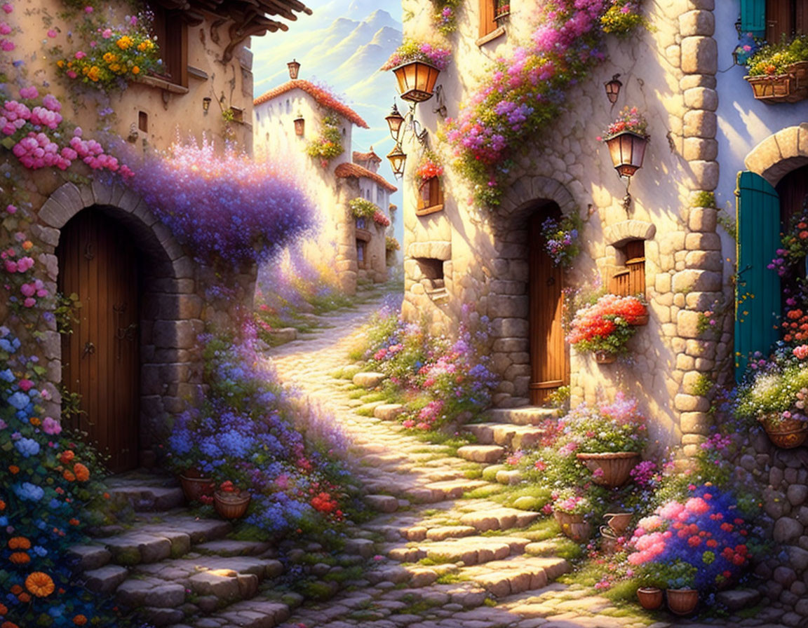 Scenic cobblestone pathway with colorful houses and plants