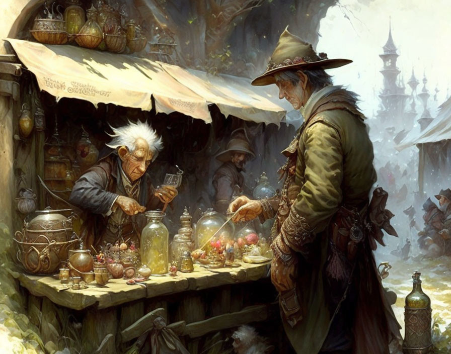 Elderly Vendor's Fantasy Market Scene with Potions and Curiosities