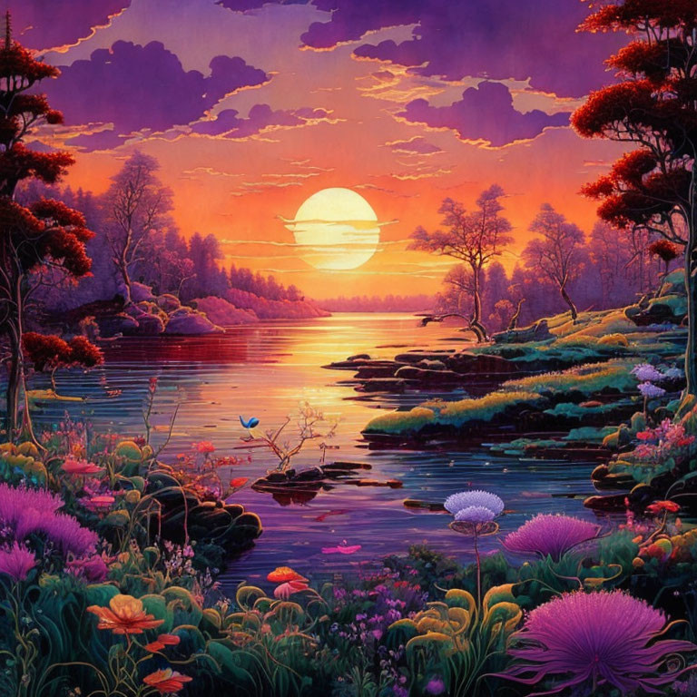 Colorful sunset landscape with lake, flowers, trees, and glowing sun