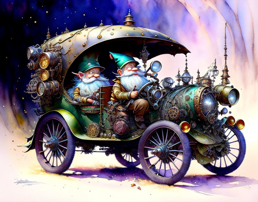 Whimsical gnomes in steampunk car under twilight sky