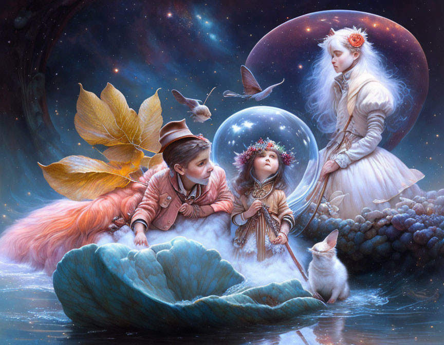 Illustration of children in shell boat with fairy, animals, and cosmic elements