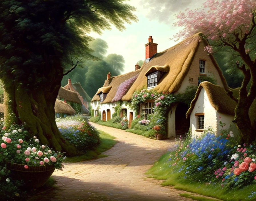 Thatched-Roof Cottages Along Cobblestone Path in Lush Greenery