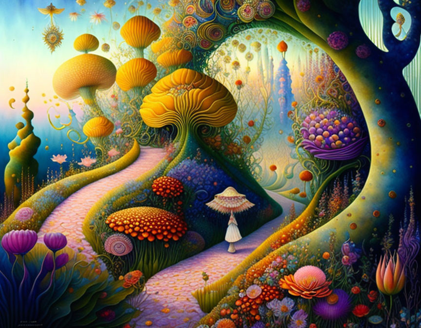 Colorful surreal landscape with whimsical flora and lone figure