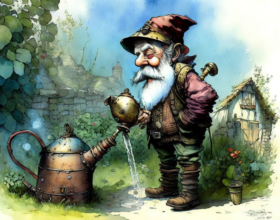 Cheerful gnome watering plants with teapot in rustic cottage scene