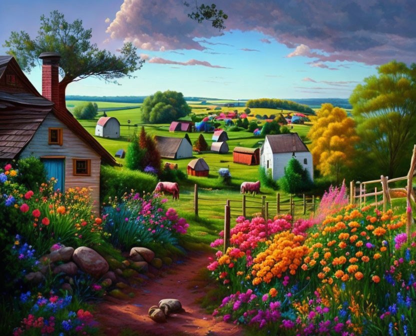 Rural landscape with cottage, flowers, cows, and farms under dramatic sky