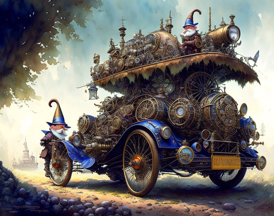 Fantastical steam-powered machine with wizards and "GUTEN TAG" license plate