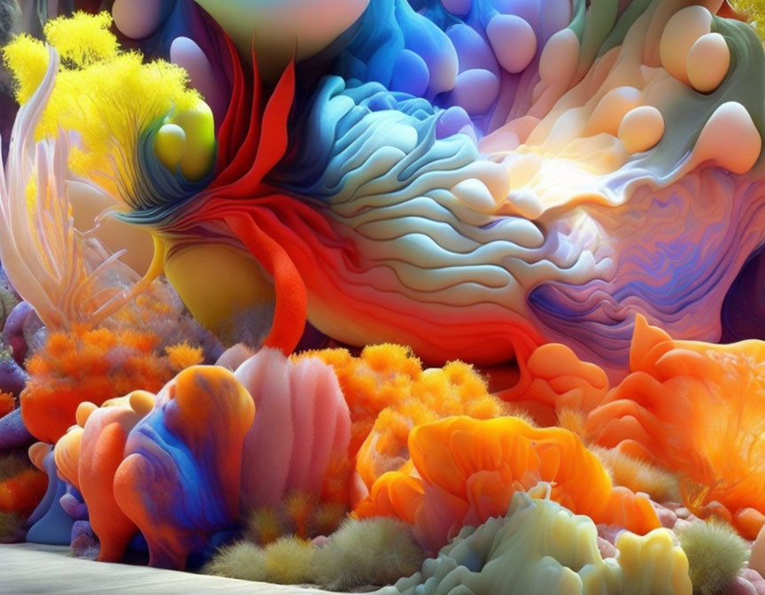 Colorful digital artwork: Fluid, organic shapes in surreal coral landscape