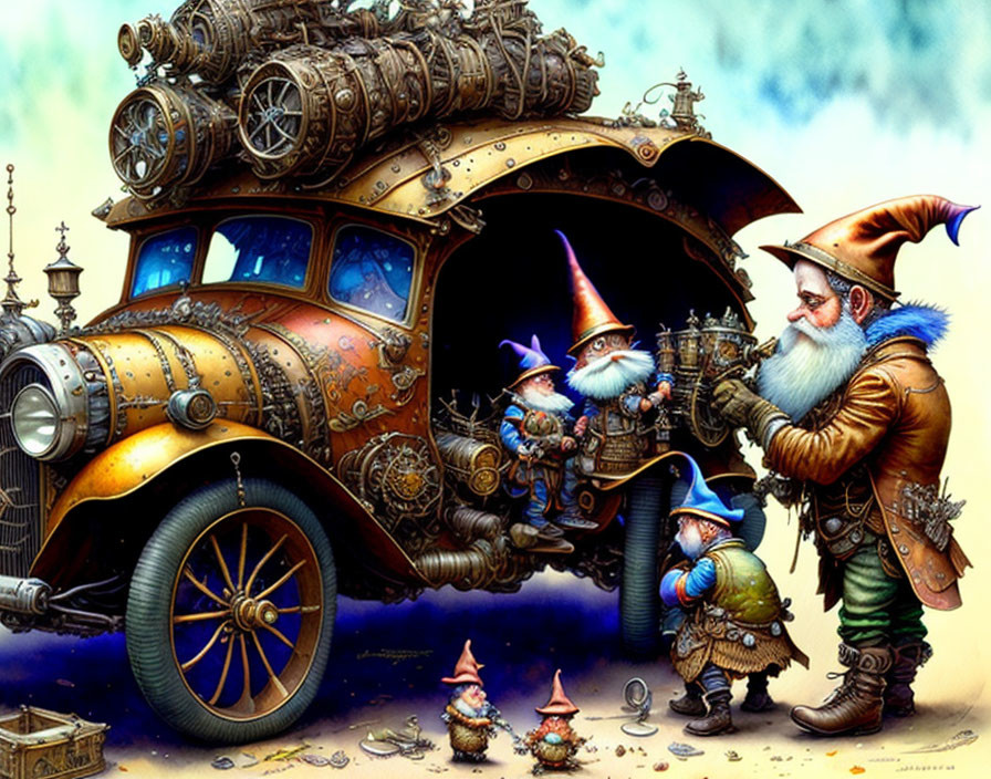 Whimsical illustration of bearded gnomes inspecting steampunk-style car