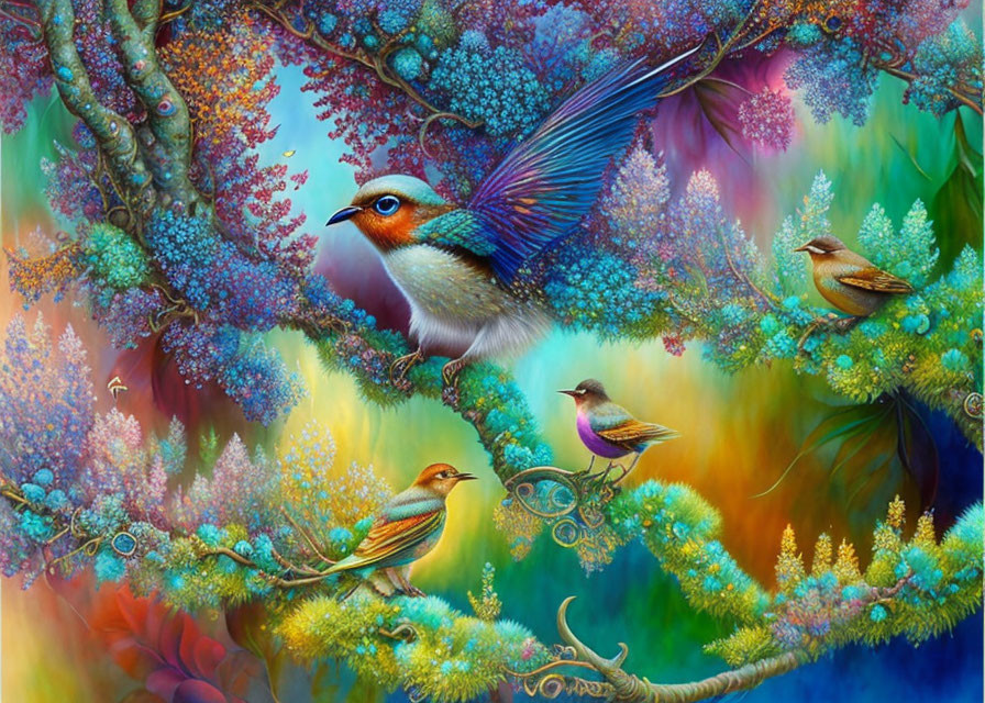 Colorful Birds Perched on Fantastical Flora in Lush Setting